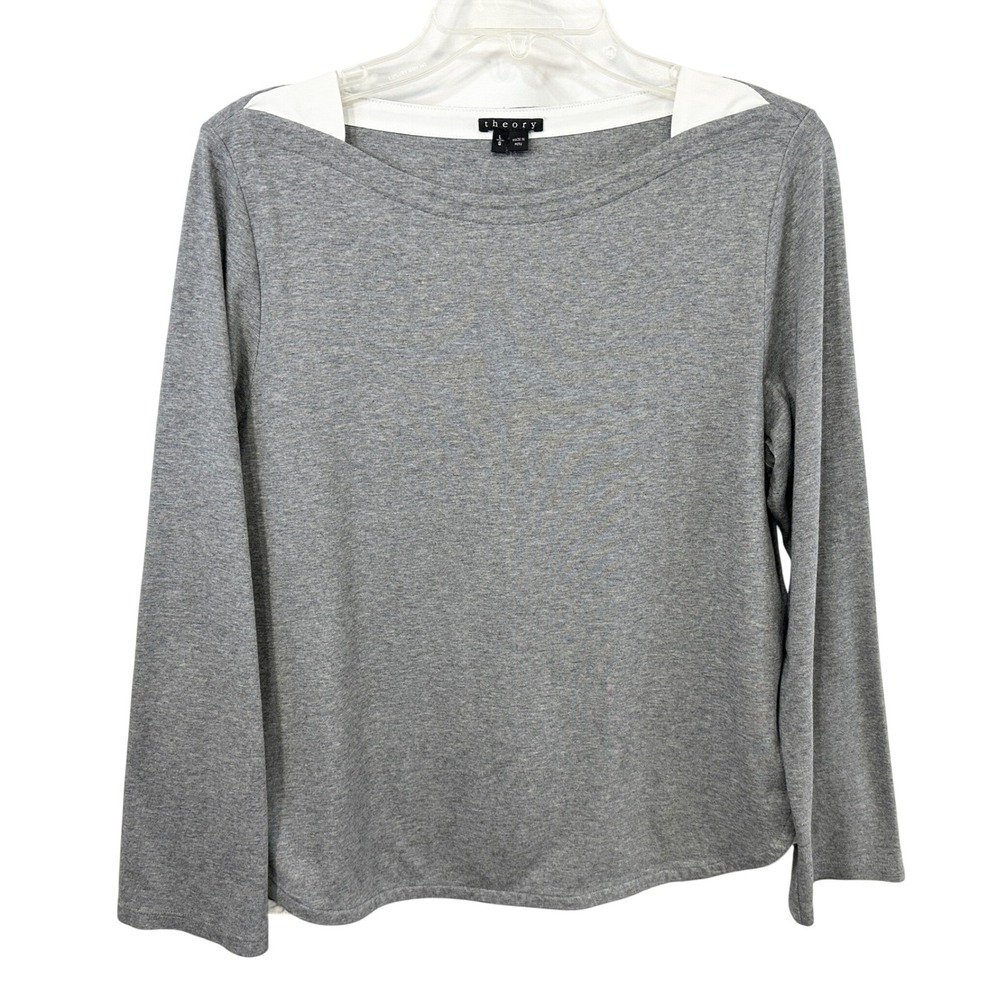 Theory Large Top Gray Layered Boat Neck Long Sleeve Pima Cotton Office 942